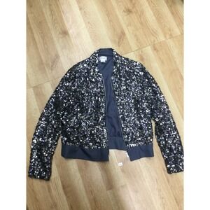 Gudi Women Silver Black Sequin Bomber Jacket Full Zip Party Holiday Size 8